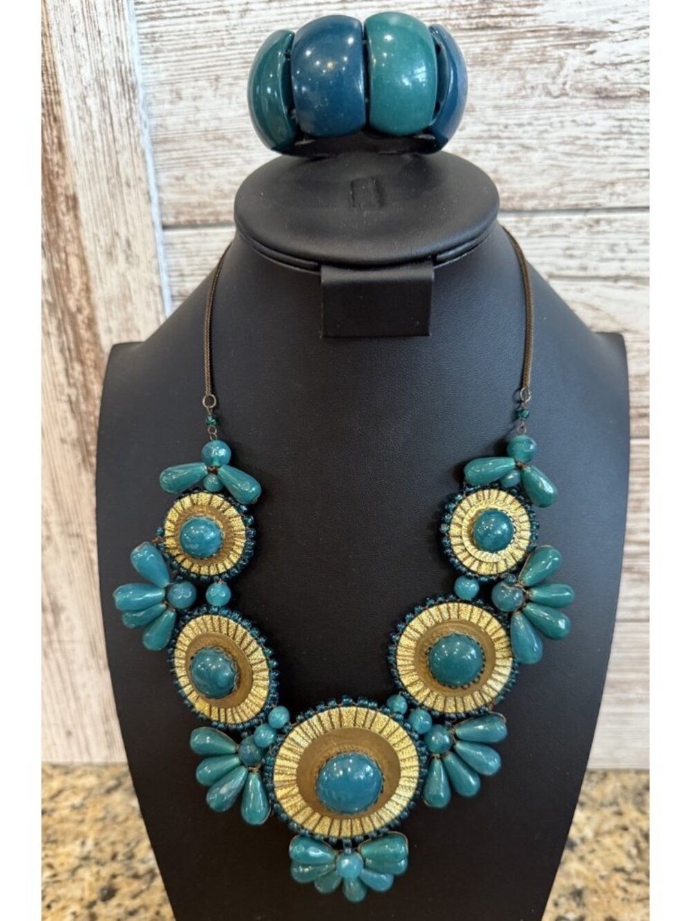 Statement Chunky Artisan Wired Faux Turquoise Necklace & Bracelet